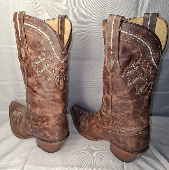 Tony Lama Brown Leather Western Heeled Boots with Turquoise & Red Accents - Picture 2 of 5